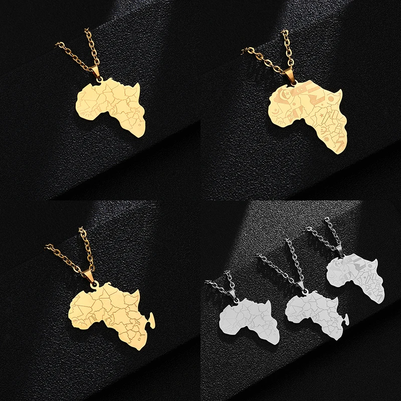 Gold and silver African continent necklaces.