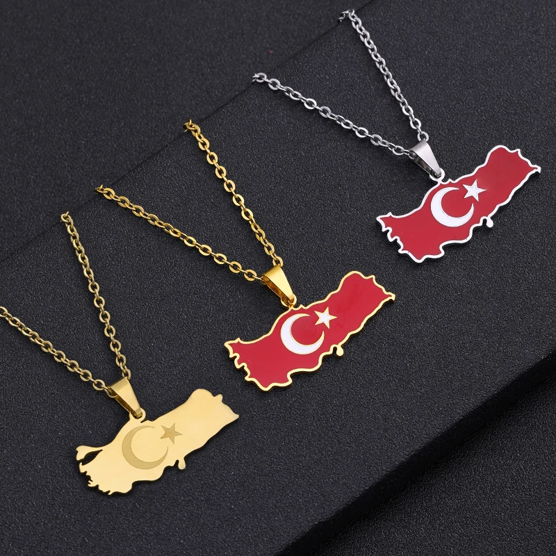 Three Turkish flag necklaces with different chains.