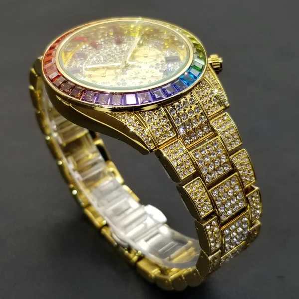 Gold watch with rainbow bezel and diamonds.