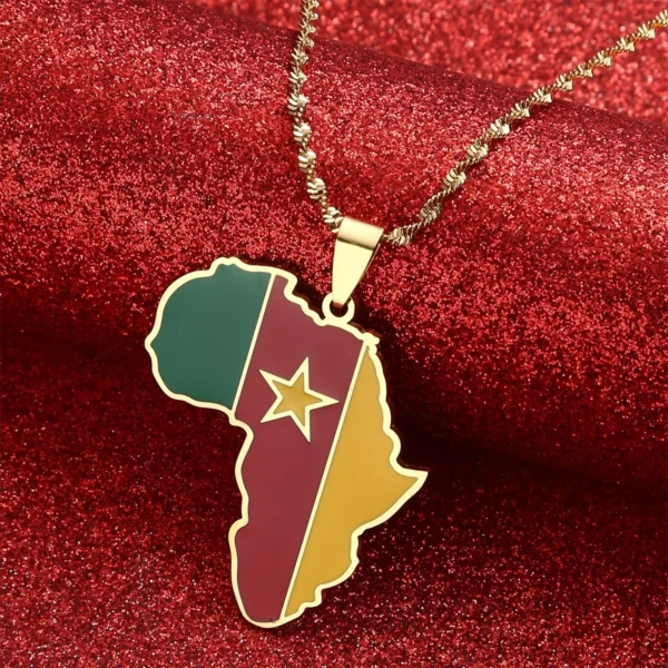 Gold necklace with Cameroon flag pendant.