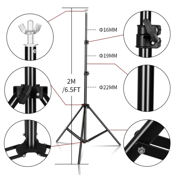 Black 6.5ft adjustable tripod stand.