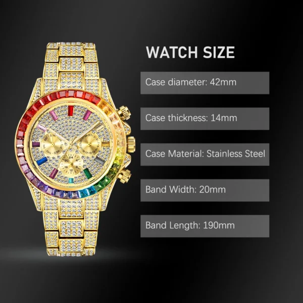 Gold watch with rainbow bezel and diamonds.