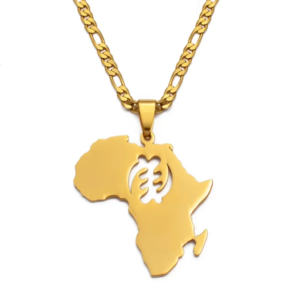 Gold African map necklace with symbol.