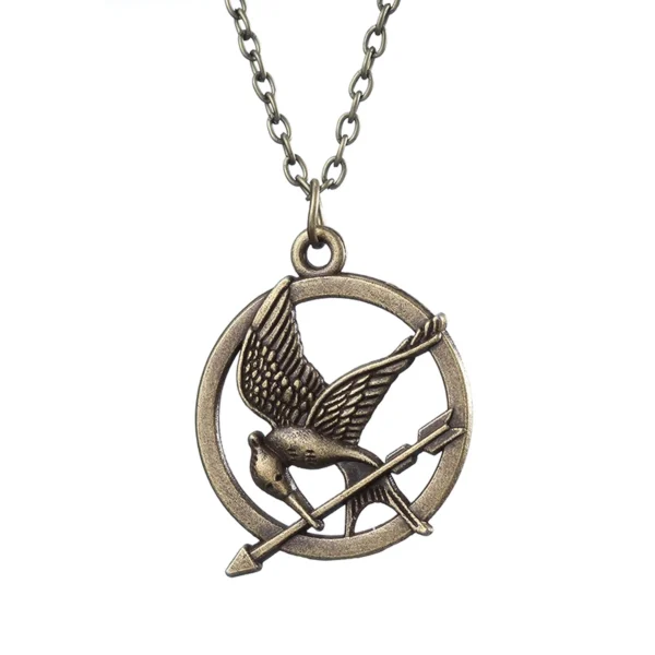 Bronze Mockingjay necklace with arrow.