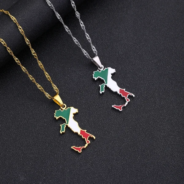 Two Italian flag necklaces on chains.