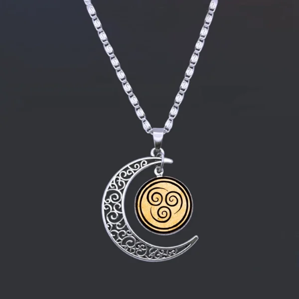 Silver crescent moon necklace with air symbol.