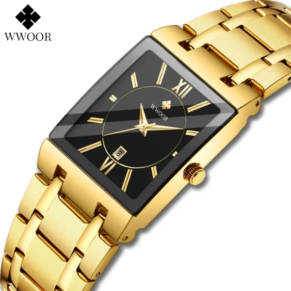 Gold square analog wristwatch with black face.