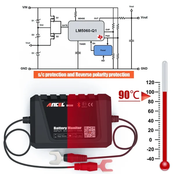 Ancel battery monitor with 90 degree Celsius temperature.