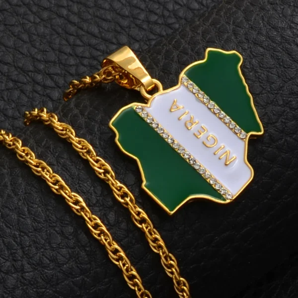 Gold necklace with Nigerian flag pendant.