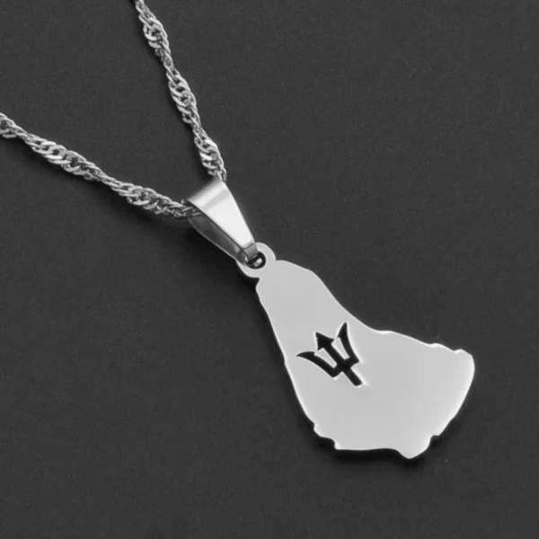 Barbados map pendant necklace with trident.