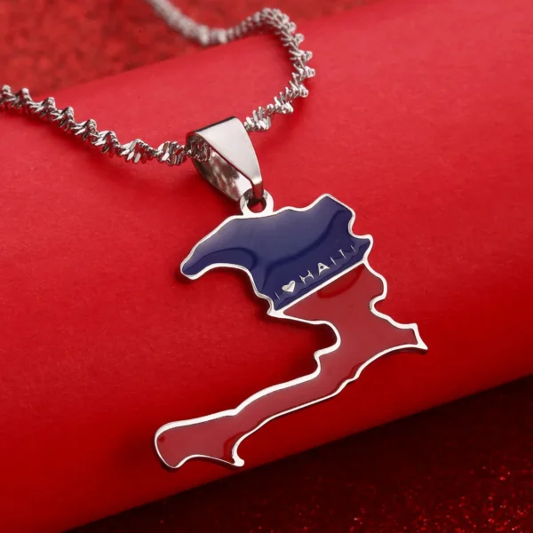 Silver necklace with Haiti map pendant.