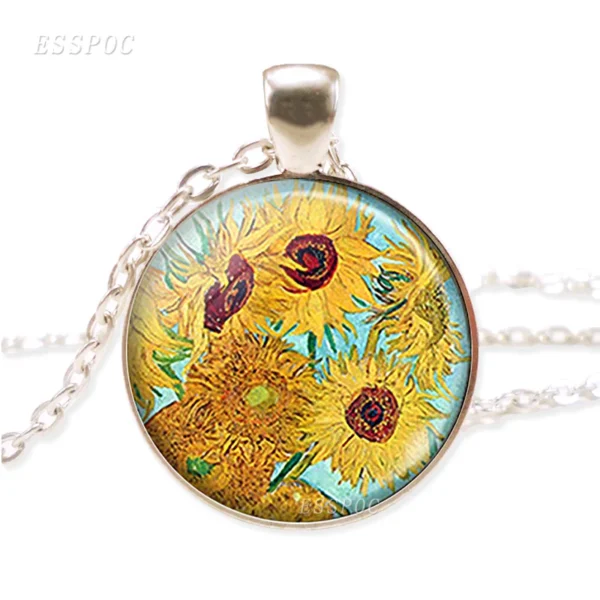 Silver necklace with a sunflower painting pendant.