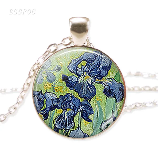 Silver necklace with blue iris pendant.