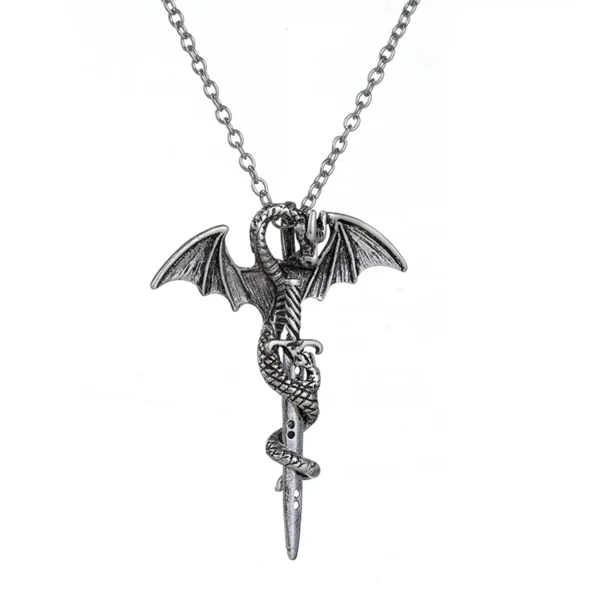 Silver dragon wrapped around sword necklace.