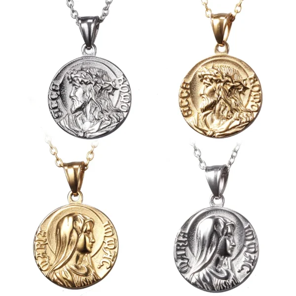 Four silver and gold religious pendants.