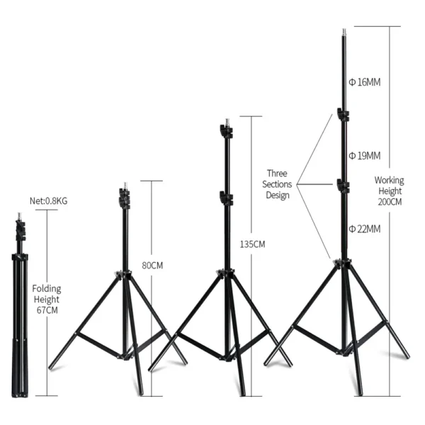 Three black adjustable tripods with measurements.