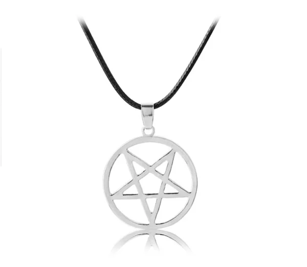 Silver pentagram pendant necklace on black cord.