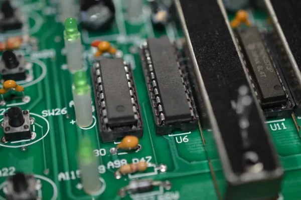 Green circuit board with chips and resistors.