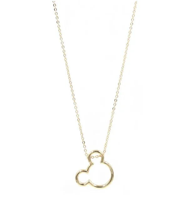 Gold chain necklace with Mickey Mouse head pendant.