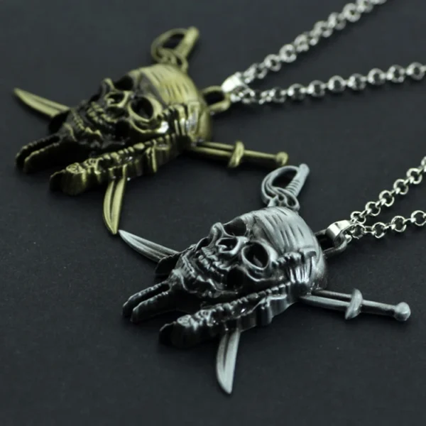 Two pirate skull necklaces with swords.