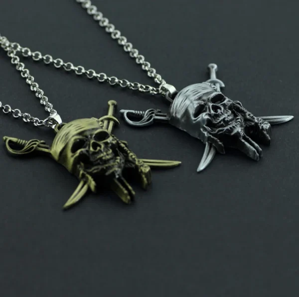 Two pirate skull and crossbones necklaces.