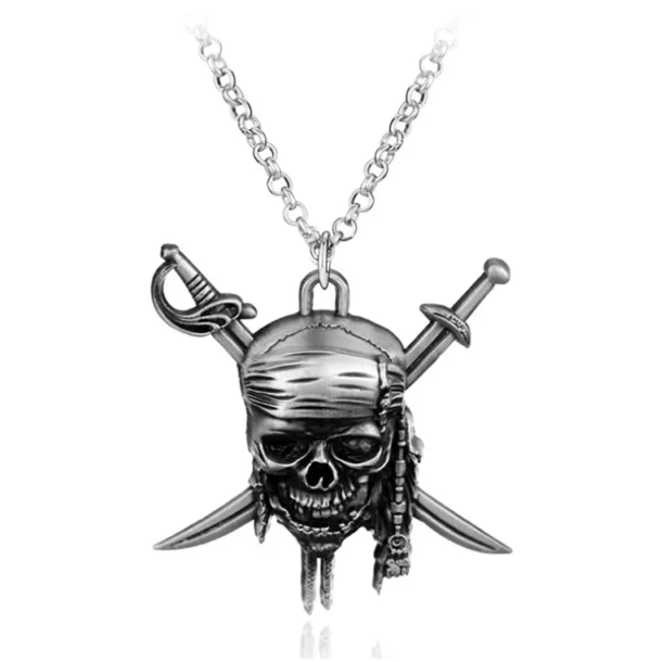 Silver pirate skull necklace with swords.