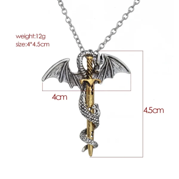 Silver dragon and sword necklace pendant.