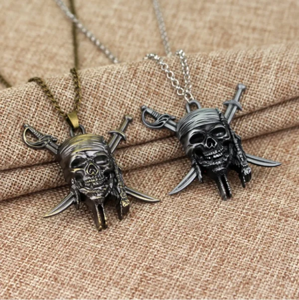 Two silver pirate skull necklaces with swords.