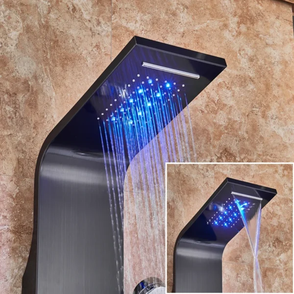 Black LED shower head with water flowing.