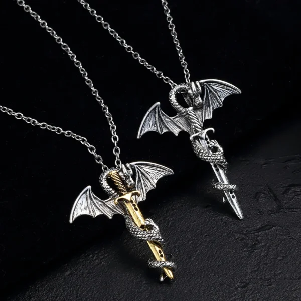 Silver dragon sword necklaces with chains.