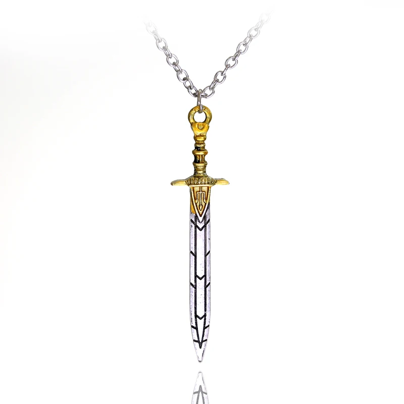 Silver sword pendant on chain necklace.