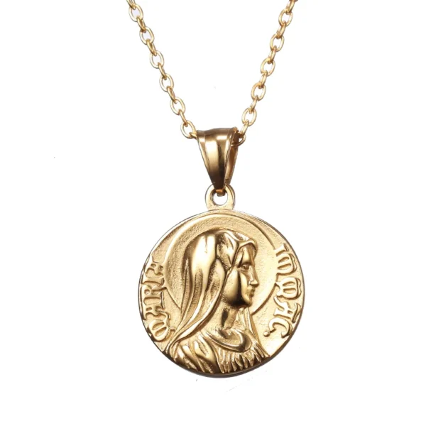 Gold chain with Virgin Mary pendant.