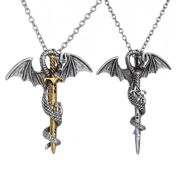 Dragon with sword pendant necklace set.