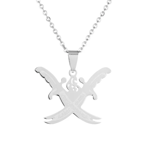 Silver necklace with crossed swords pendant.