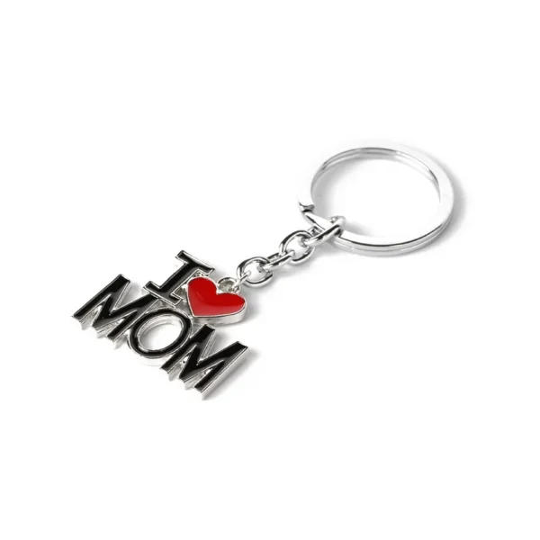 Silver I love mom keychain with red heart.