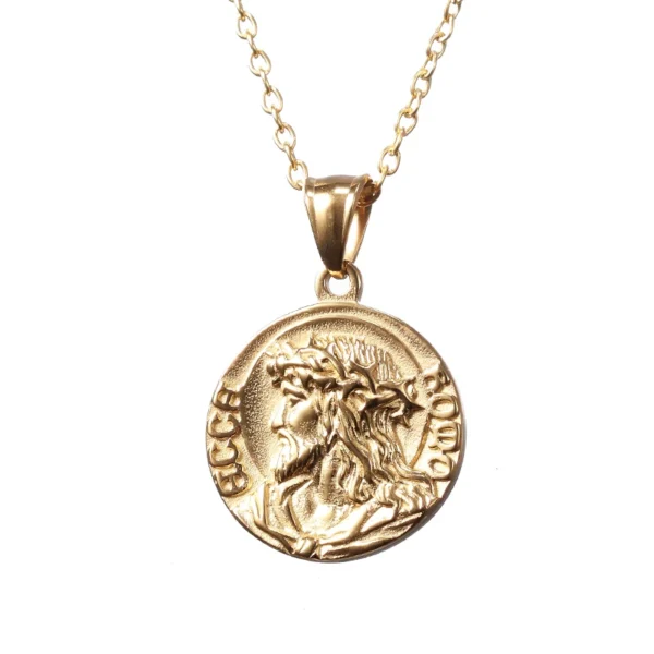 Gold chain with Jesus coin pendant.