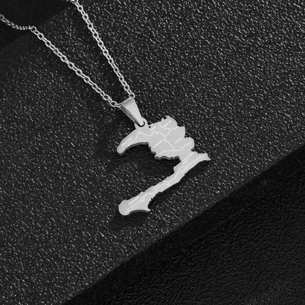 Silver necklace with Haiti map pendant.