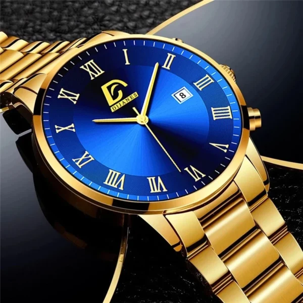 Gold watch with blue face and Roman numerals.