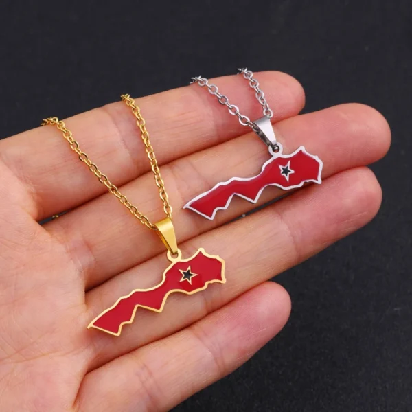 Two gold necklaces with red Western Sahara pendants.