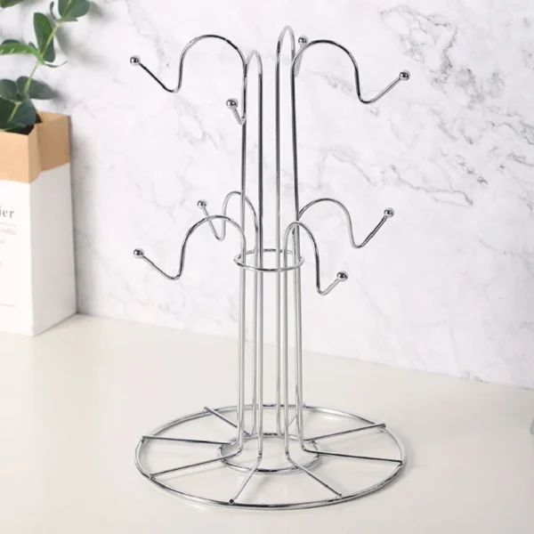 Chrome mug drying rack with hooks.