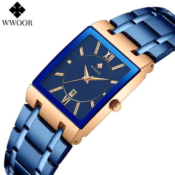 Square blue faced wristwatch with gold trim.