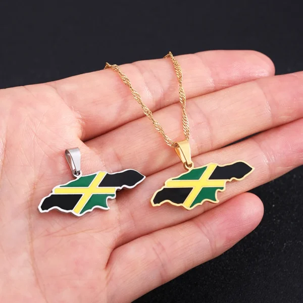 Jamaica flag pendant necklace on hand.