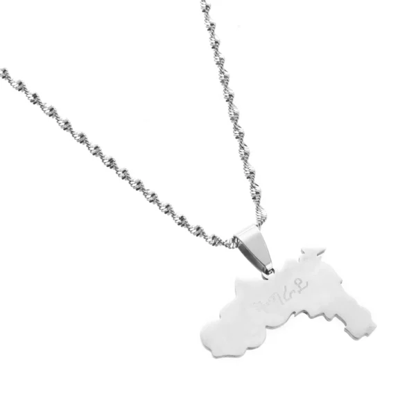 Silver necklace with engraved map pendant.