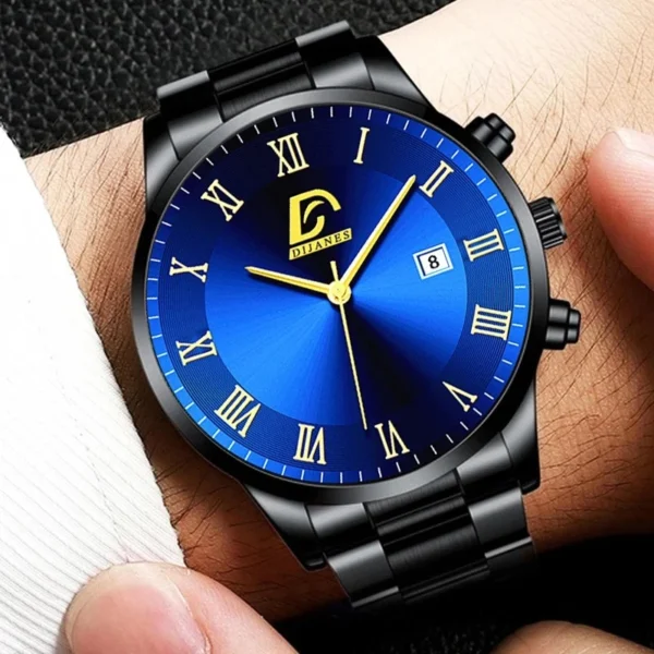 Black wristwatch with blue face and Roman numerals.