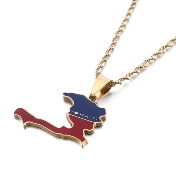 Gold necklace with Haiti map pendant.