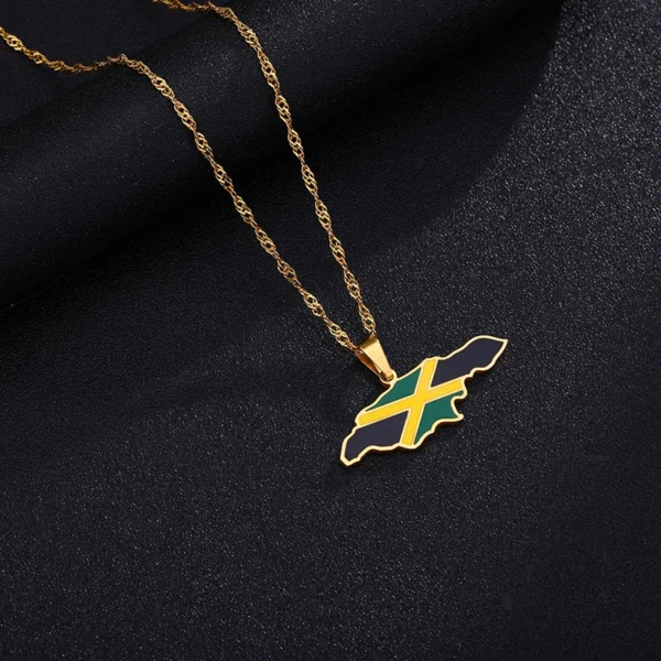 Gold chain necklace with Jamaican flag pendant.