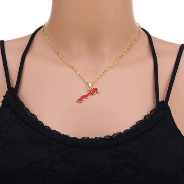 Gold necklace with a red Morocco pendant.