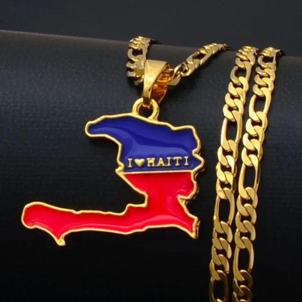 Gold chain with Haiti map pendant.