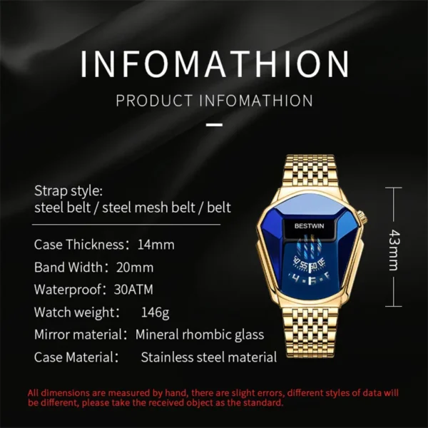 Gold watch with blue face and steel band.