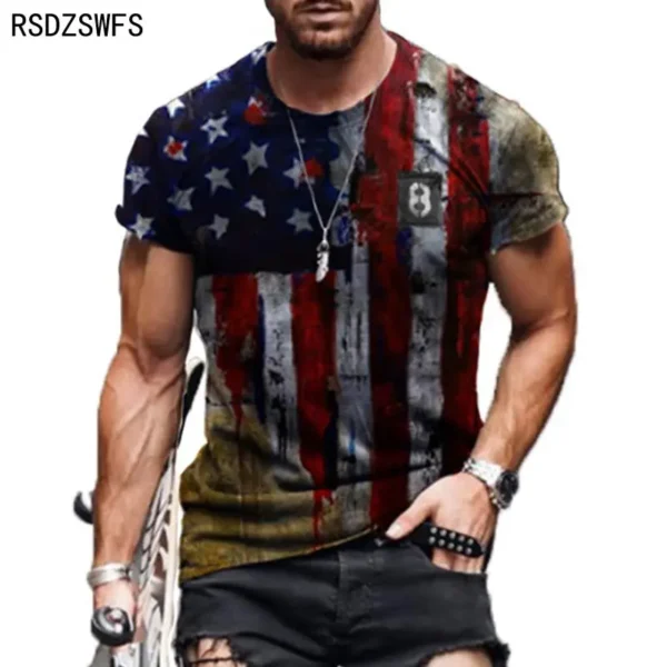 2021 Summer American Flag 3D Print Men Casual Fashion T-shirt Round Neck Loose Oversize Muscle Streetwear Clothing Man's Tshirts - Image 4